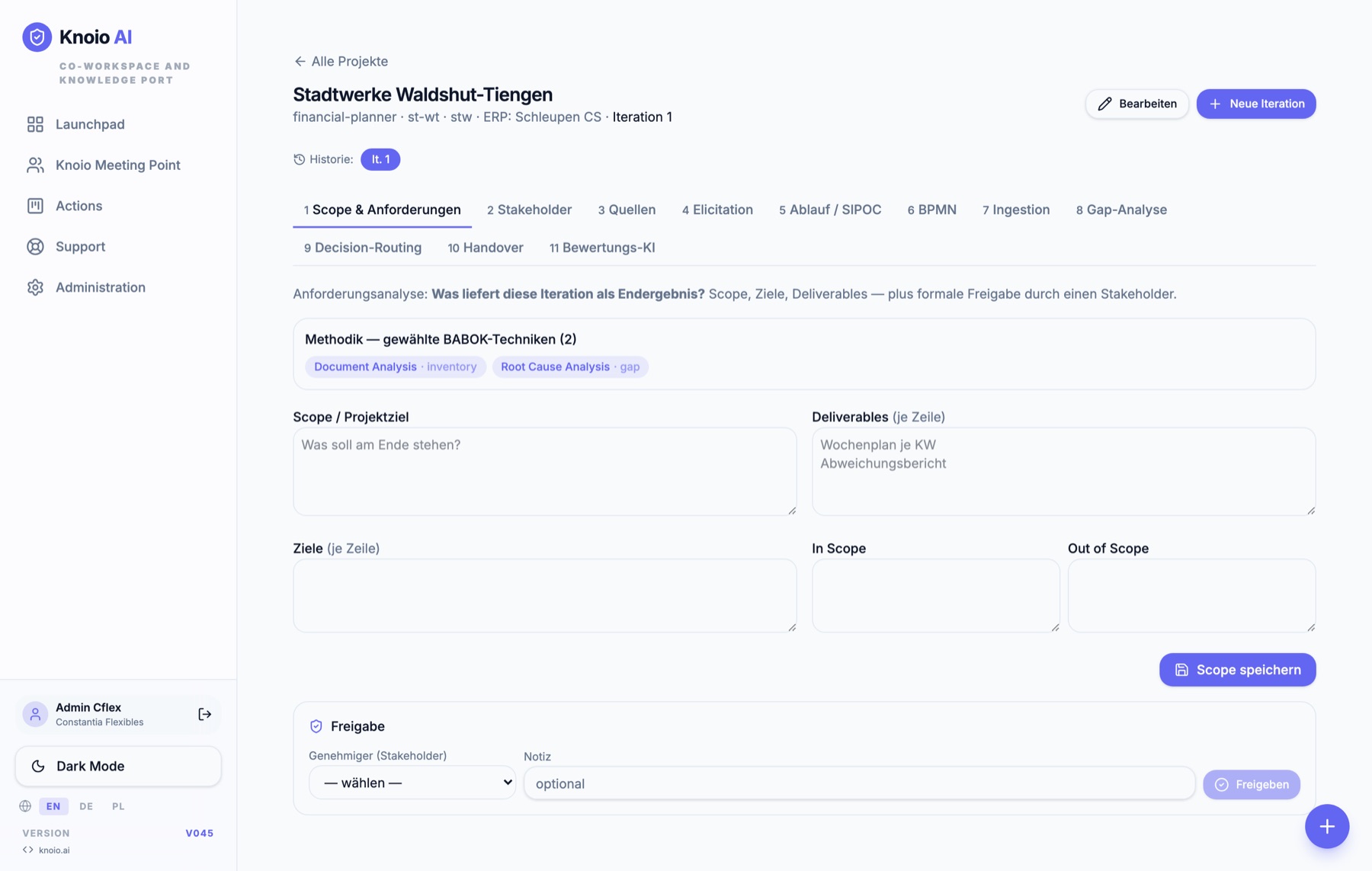 Business Analysis in knoio mit Scope, Stakeholdern, Quellen, SIPOC, BPMN und Freigaben